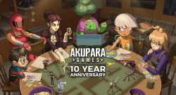 Cartoon characters around a round game table celebrating Akupara Games' 10-year anniversary with miniatures on the board.