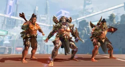 Three muscular fighters in ornate armor stand on a platform in a futuristic city backdrop.