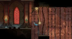 A character swings on a glowing rope through a dark, gothic chamber with red stained glass windows and tall chained barriers to the right.