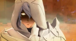 Hooded, white-armored character with pale hair and a glowing yellow eye, lit by warm orange light.