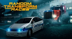 Police patrol car with blue emergency lights in the foreground as a speeding truck blur fills the background during a nighttime chase scene.