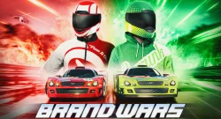 Two race car drivers wearing full helmets stand in front of red and green race cars, set against a fiery red left and neon green right background with the word 'BRANDWARS' at the bottom.