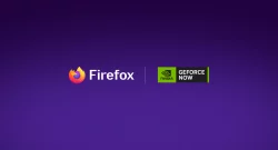 Firefox logo and Nvidia GeForce Now logo side by side on a purple gradient background.