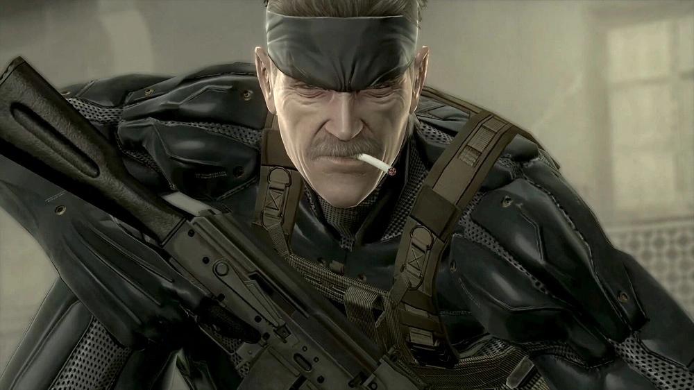 Metal Gear Solid Master Collection Vol2 review 1 | Loot Level Chill Grim soldier in black tactical gear with a cigarette, gripping a large assault rifle in a dim setting.