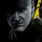 Two rugged action heroes' close-up portrait, one with an eyepatch, split image with dark left and yellow-accented right background.