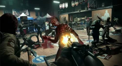 First-person view of a shooter in a gym fighting a bloodied zombie while survivors battle more undead in the background.