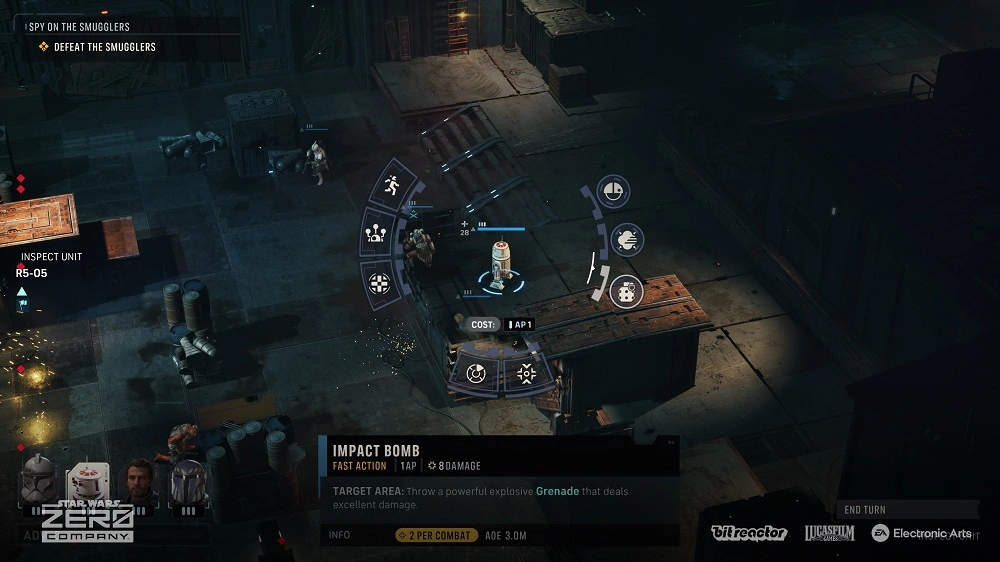 Top-down combat HUD with a circular ability wheel around a character, highlighting 'Impact Bomb' with cost and damage on a dim industrial map.