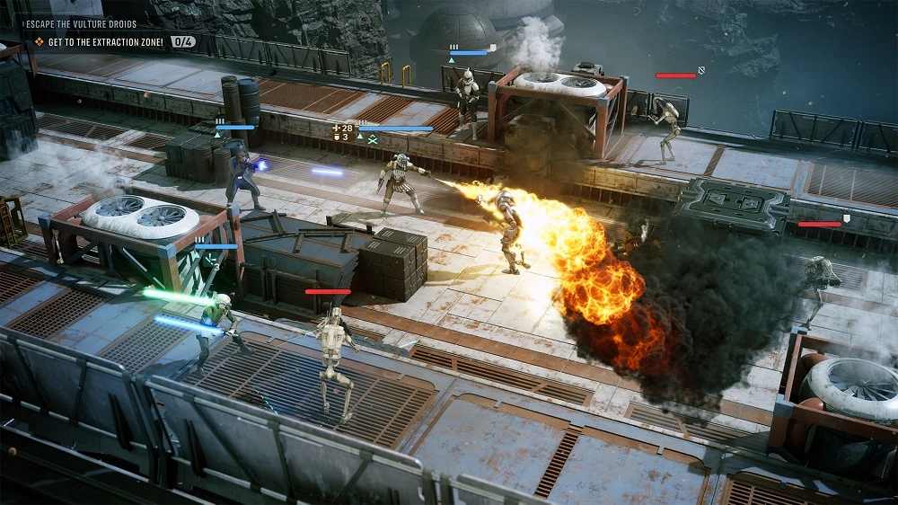Top-down sci-fi battle on a docked platform with multiple soldiers firing as a large flames explode in the center; smoke rises nearby.
