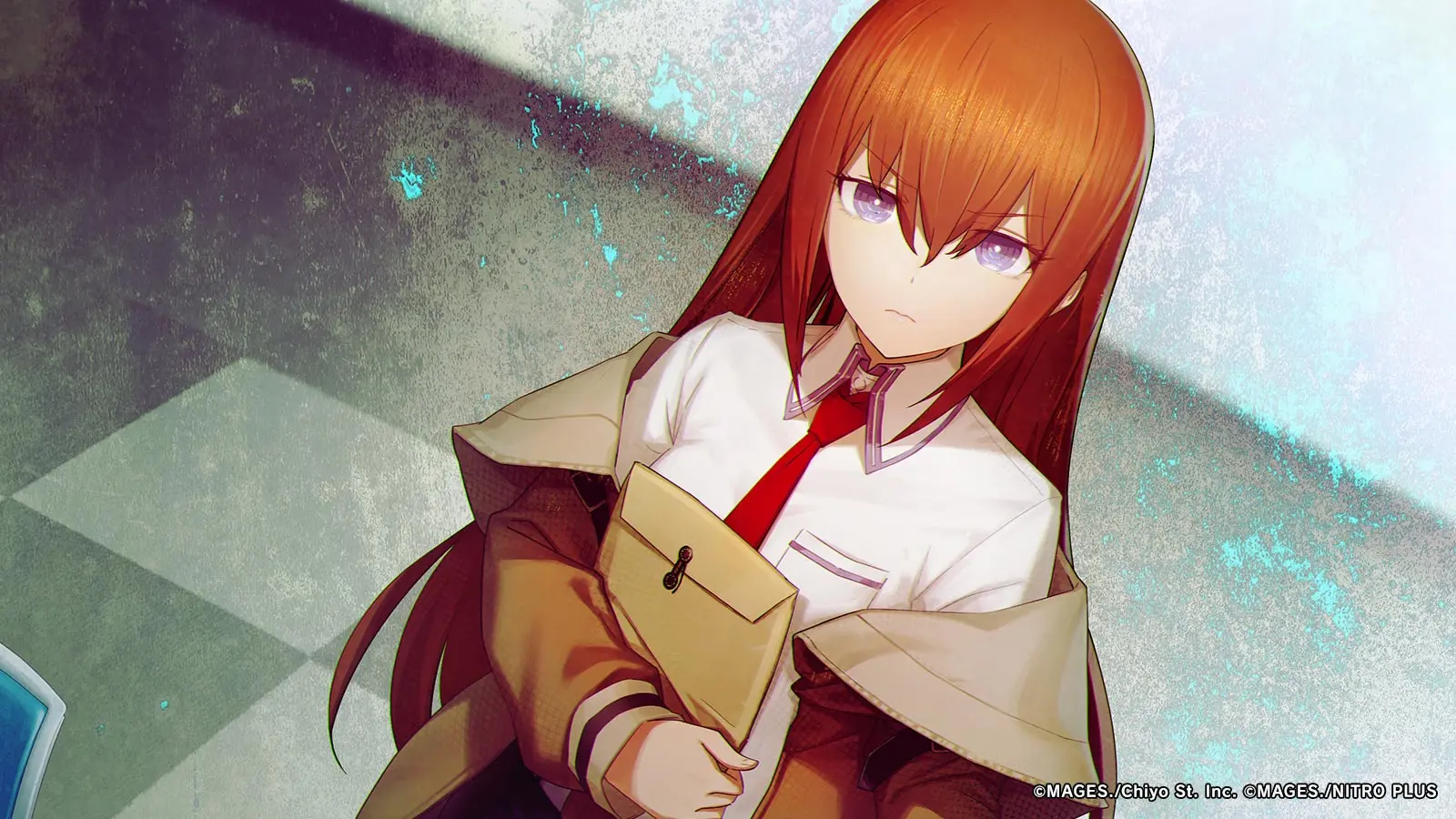 Anime girl with long red hair and purple eyes, wearing a white shirt and red tie, holding a tan envelope folder, in a beige coat, looking somberly at the camera.