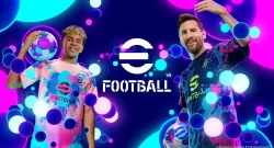 Two players in bright jerseys smile and pose with footballs against a neon blue-pink background with the eFootball logo centered.