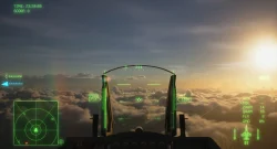 Front cockpit view of a fighter jet with neon green HUD data overlay showing speed 717, altitude 1692, and compass heading south against a sunset above the clouds.
