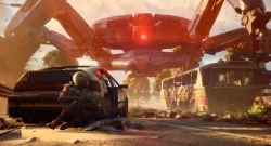 Soldier crouches behind a crashed car as a massive red mech hovers over a ruined road with buses.
