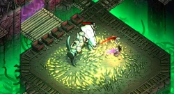 Isometric action scene: a warrior fights a large white stone golem on a wooden rail platform above a glowing green toxic area, with carts nearby.