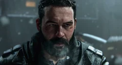 A rugged man with a beard stares intently forward in a dim, smoky environment, showing a bruised face and battle-worn clothing.