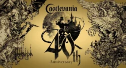 Castlevania 40th Anniversary banner with a silhouetted knight before a castle, surrounded by gothic monsters on a gold background.