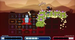 Blue player character highlighted by red targeting box amid cactus enemies in a desert grid battle scene with health bars visible at screen bottom.