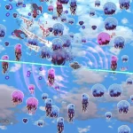 Intense arcade shooter screenshot with a teal laser line crossing a sky filled with pink and blue jellyfish enemies and a small ship in the center.
