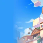 Whimsical pastel house with floating wooden cubes in a bright blue sky.