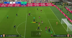 Soccer video game screenshot showing Inter Milan (blue/black) vs AC Milan (red/black); Lautaro Martínez (#10) on the left and Matteo Gabbia (#46) on the right; scoreboard 1-0 and 50:02 in the top center; crowd and advertising boards visible in the stands.