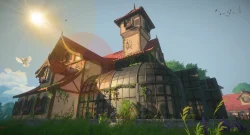 Whimsical cottage with a red-tiled roof, glass greenhouse, and tall tower bathed in sunlight.
