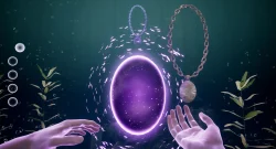 Surreal underwater scene with a glowing purple egg-shaped portal and reaching hands nearby, plus a large chain and pendant hovering above.