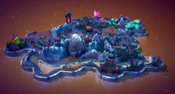 A colorful fantasy island map with snowy mountains, glowing houses, and a hot air balloon over a winding terrain.