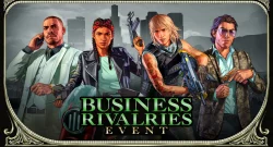 Promotional cover art showing four action-ready characters in front of a city skyline; text reads 'BUSINESS RIVALRIES EVENT' at bottom.