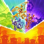 Three playful animals—a yellow cheetah, purple dragon, and orange cat—leap in a rainbow carnival scene.