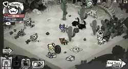 Cartoon desert battle scene: Muffin on the left with 28/28 health, fighting near a purple cat and others among cacti; End Turn button bottom-right.