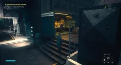 Security-terminal interior: a technician at a lit control desk inside a dim, industrial room labeled 'Field Panopticon'.