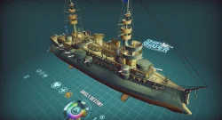 3D render of a detailed steampunk battleship with tall masts, pistons, and yellow-green machinery on a teal grid background with UI elements visible beneath it, suggesting a game scene.