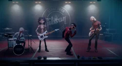 Animated band performing on a stage with drums, two guitarists, and a dancer against a blue-lit backdrop reading 'Stage Tour' logo.