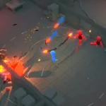 Blue character fights red enemies in a chaotic battle inside a dim, tiled room with explosions and energy blasts nearby.