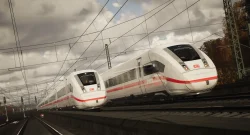 Two white Deutsche Bahn high-speed trains on a curved track under overhead electrical wires and cloudy sky.