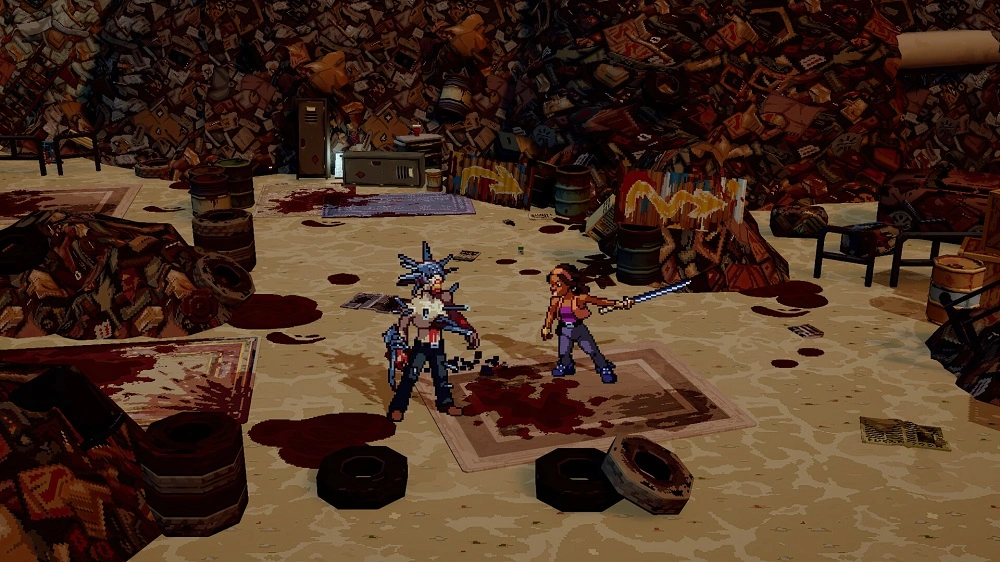 Two pixelated warriors duel with swords in a junkyard arena filled with tires and barrels, bloodstains on the floor.