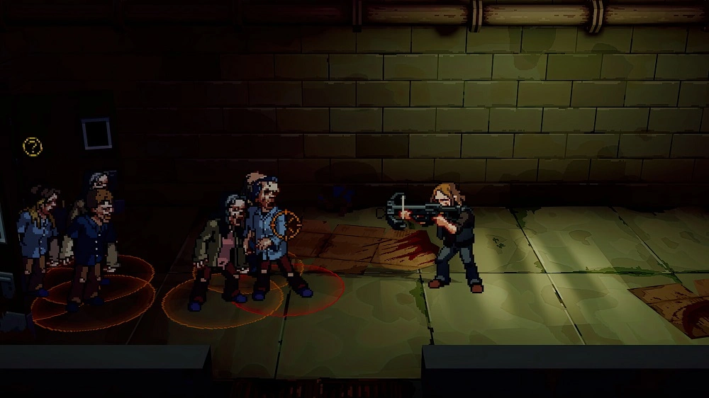 Pixel-art scene: a lone gunman shoots at a group of survivors in a dim, tiled corridor with blood on the floor, circles around their feet indicating targeting.