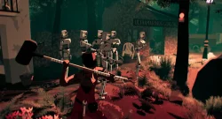 Person with a large hammer lunges at a group of humanoid robots in a garden setting at dusk. A sign and stone wall are in the background.