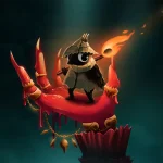 Small hooded adventurer with a lit torch stands on a red, coral-like platform in a dark, moody scene.