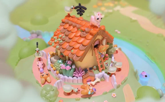 Whimsical clay cottage with an orange tile roof and playful animal figures in a colorful garden on a circular base.