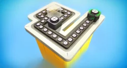 Futuristic control panel with multiple circular dials and a glowing green 80% gauge, mounted on a yellow base against a blue background.
