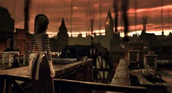 Girl in a striped dress stands on a rooftop, overlooking a smoky, sunset-lit city with a clock tower in the distance.