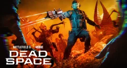 Armored soldier fires a futuristic gun at zombie-like enemies in a fiery orange battlefield, with 'DEAD SPACE' text visible.
