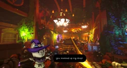 Crowded fantasy tavern scene with warm amber lighting, hanging lanterns, and lush vines; a witch with a purple hat speaks from the foreground: 'you messed up my shop'.