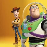 Buzz Lightyear leads Woody and Emperor Zurg in a bright Toy Story group shot against a yellow background.