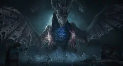 Huge dragon with tattered wings looming over armored warriors in a dark cavern. Option 1: A colossal dragon hovers behind a group of fighters in a dim underground chamber.