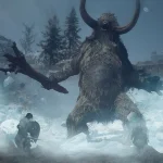 Giant horned beast roars in a snowy battlefield as soldiers fight around its massive frame.