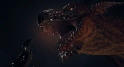 Close-up of a snarling dragon head with sharp teeth and scaly brown skin against a dark background