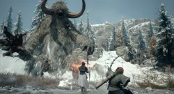 Huge horned, shaggy troll charges two adventurers in a snowy forest battlefield.