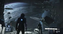 Two silhouetted astronauts stand on a rocky surface, debris floats around, with Earth visible in the distance beyond a ruined station.