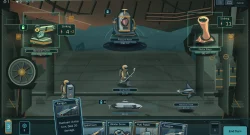 Sci-fi battle screen featuring a central Pressure-Heart boss, with Barnacle Turret on the left and Mortar Polyp on the right, and player action cards along the bottom edge.